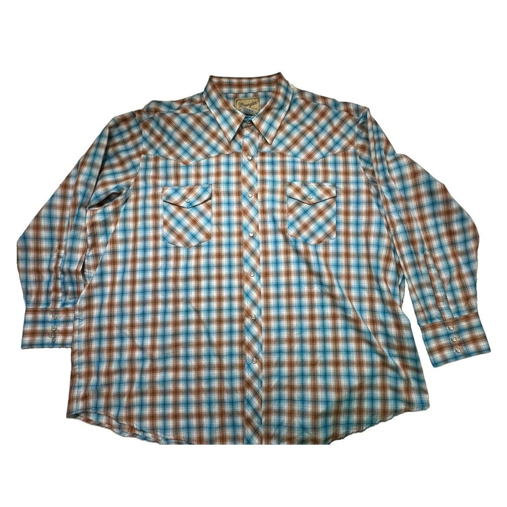 Wrangler Shirt Mens 3XL  Blue Brown Snap Button Long Sleeve Plaid Western